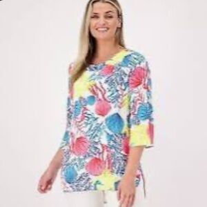 Jason Wu Tropical Vacation Tunic Chiffon Top Medium Resort QVC Spring Quiet Lux